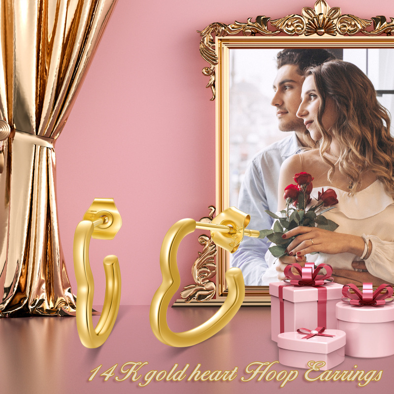 10K Yellow Gold Heart Hoop Earrings For Women-4