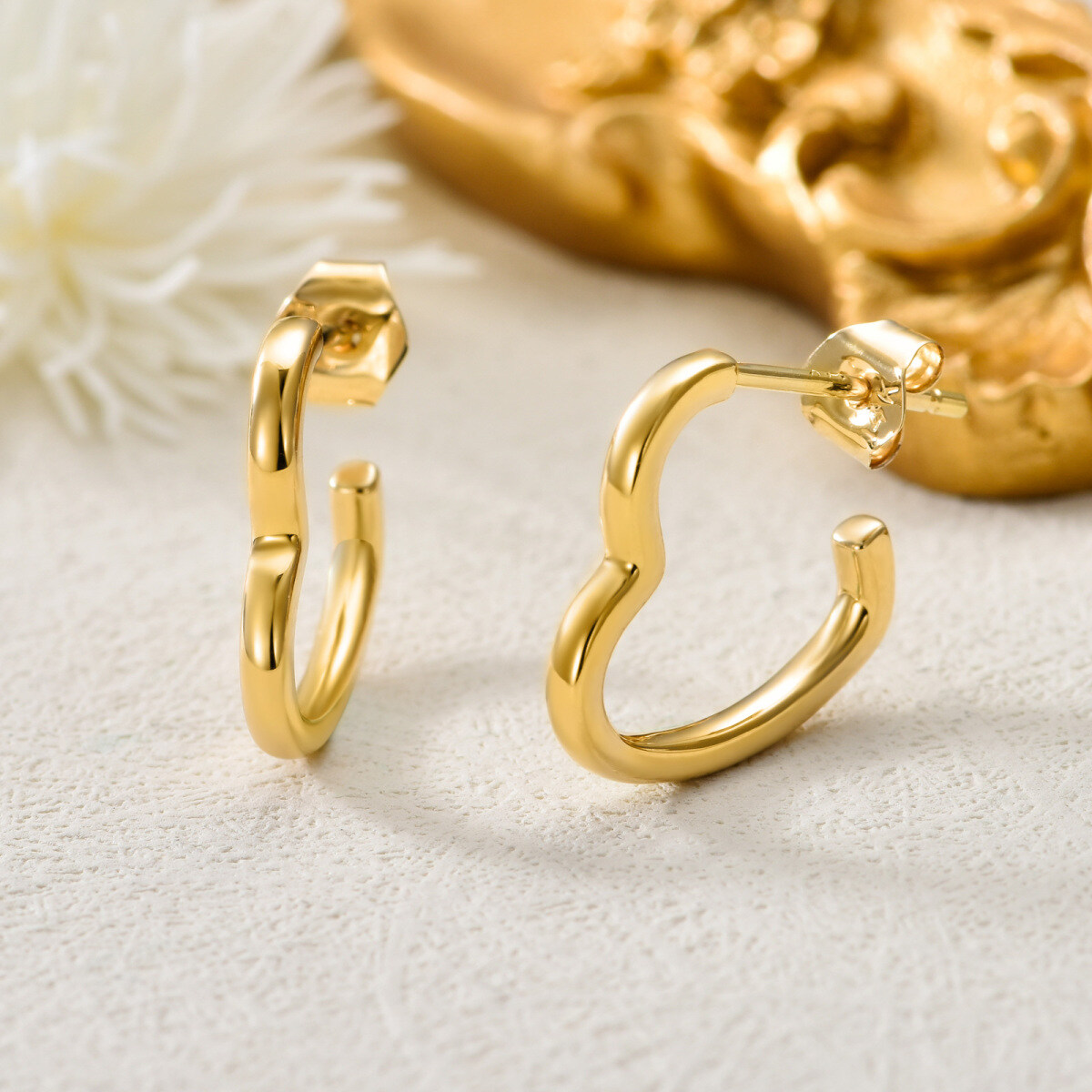 18K Yellow Gold Heart Hoop Earrings For Women-5