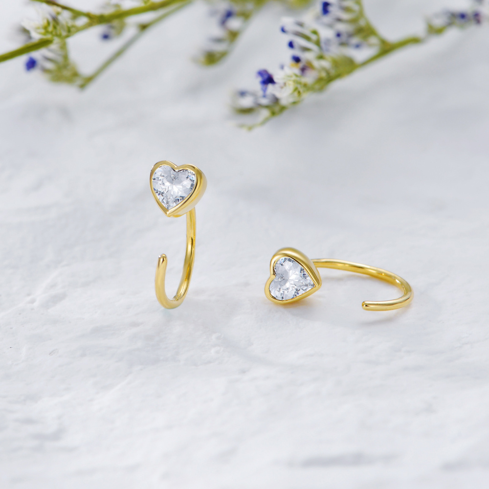 10K Gold Cubic Zirconia Heart Hoop Earrings-3