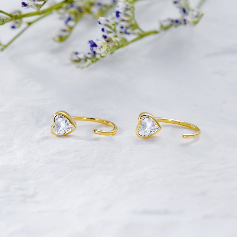 10K Gold Cubic Zirconia Heart Hoop Earrings-4