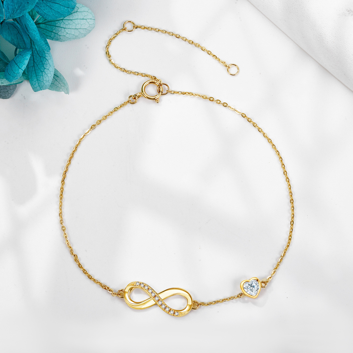 14K Gold Cubic Zirconia Heart & Infinity Symbol Bracelet for Women-4