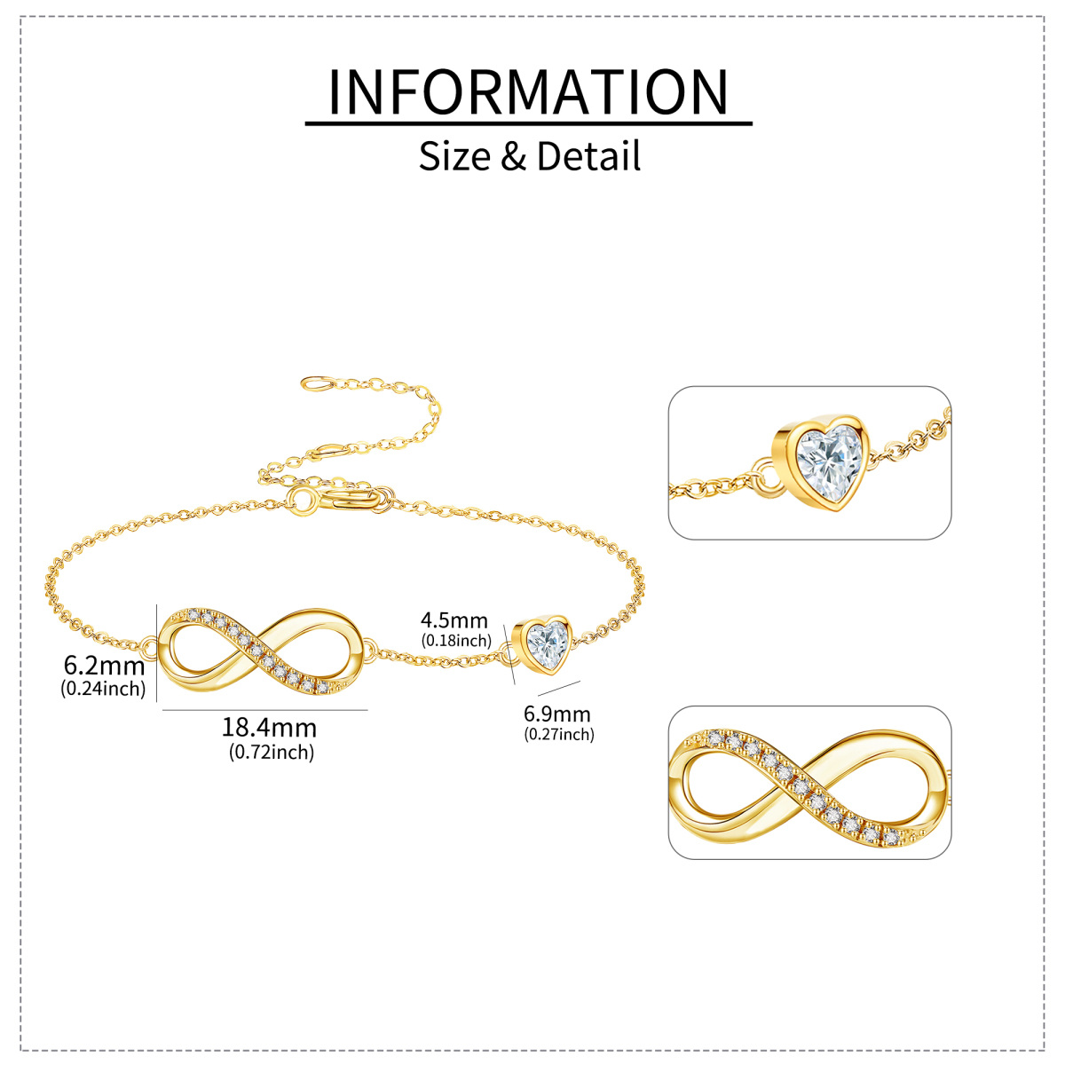 14K Gold Cubic Zirconia Heart & Infinity Symbol Bracelet for Women-5