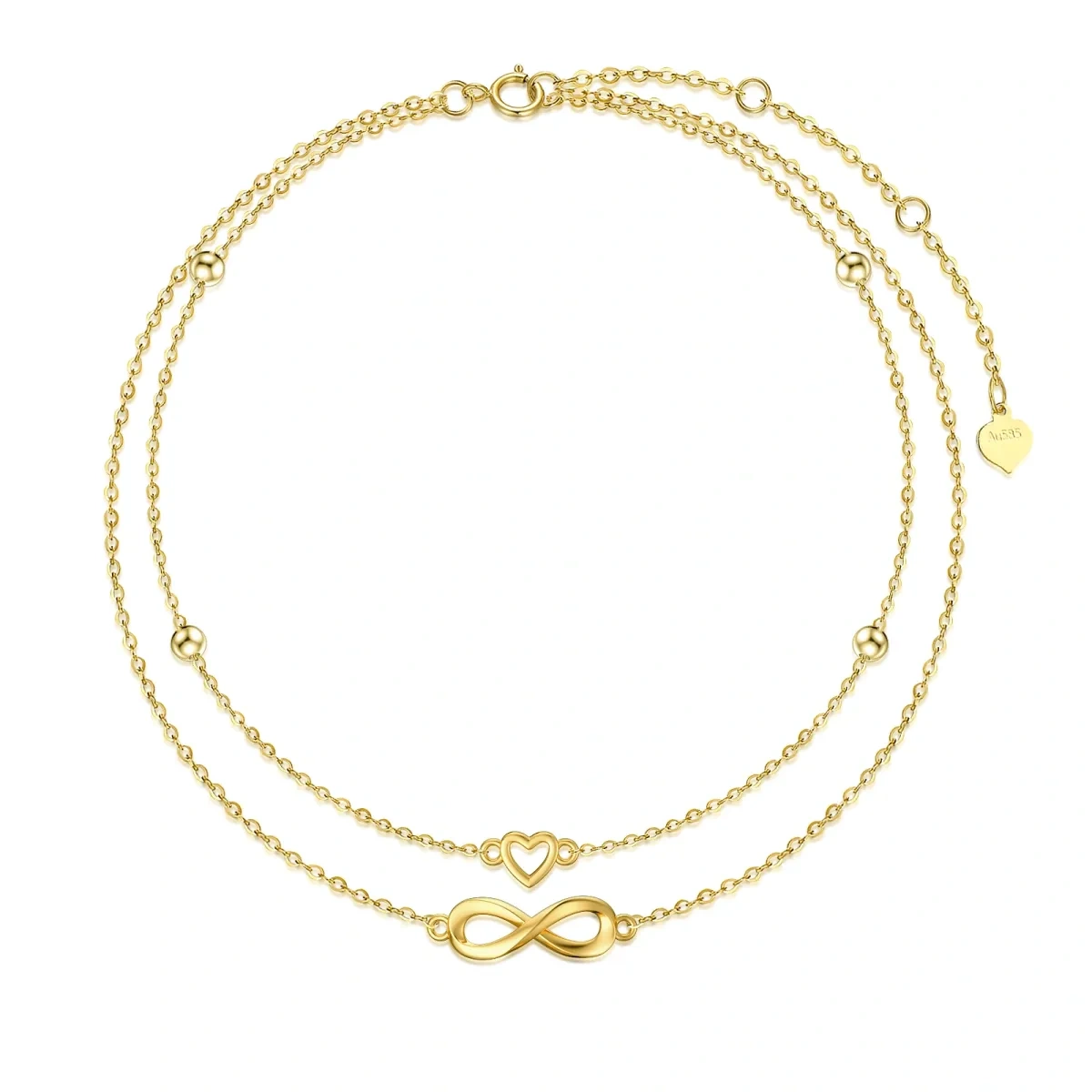 Bracelet de cheville multicouche en or 14K avec symbole du coeur et de l'infini-1