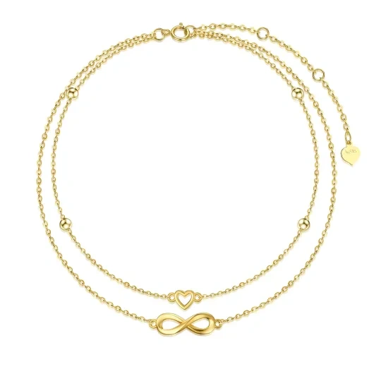 Bracelet de cheville multicouche en or 14K avec symbole du coeur et de l'infini