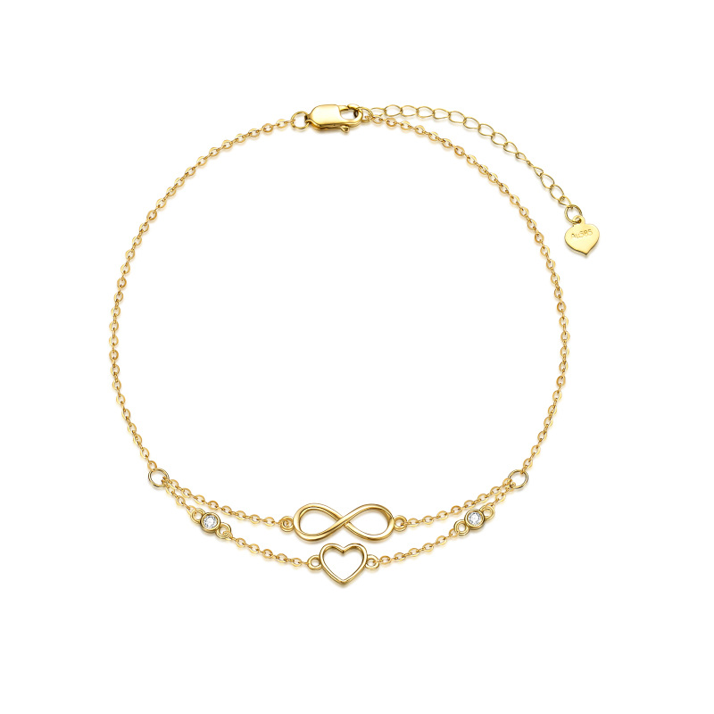 10K Gold Cubic Zirconia Heart Infinity Symbol Multi-layered Charm Anklet-2