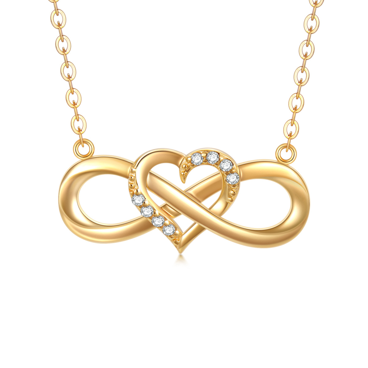 Collana con ciondolo a cuore e simbolo dell'infinito in oro 14K con zirconia cubica-1