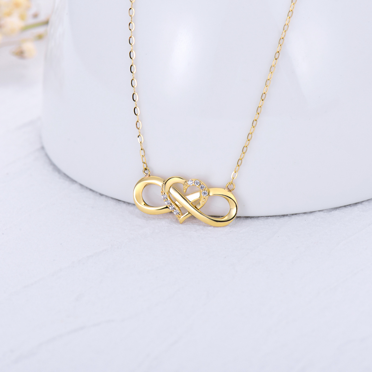 Collana con ciondolo a cuore e simbolo dell'infinito in oro 14K con zirconia cubica-3