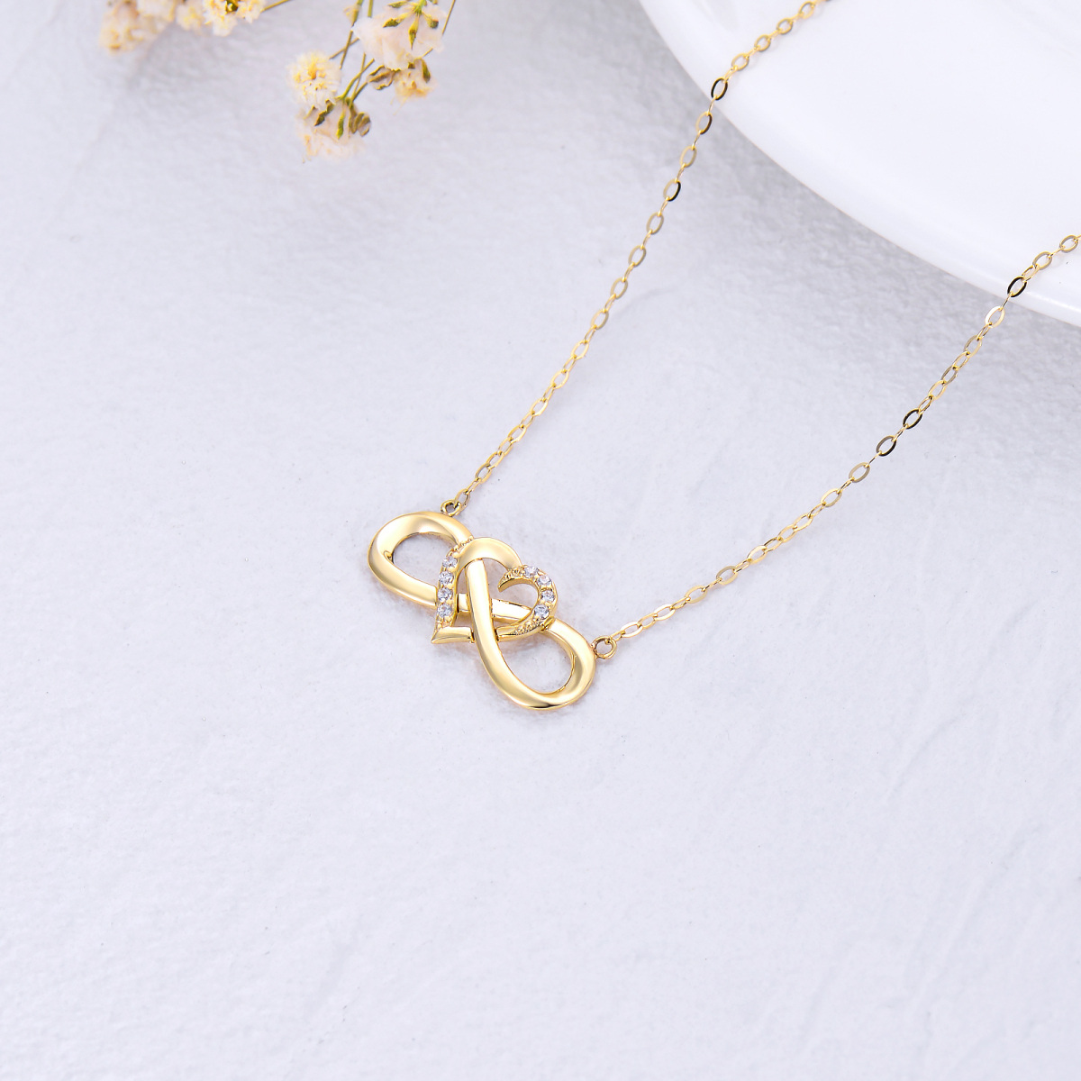 Collana con ciondolo a cuore e simbolo dell'infinito in oro 14K con zirconia cubica-4