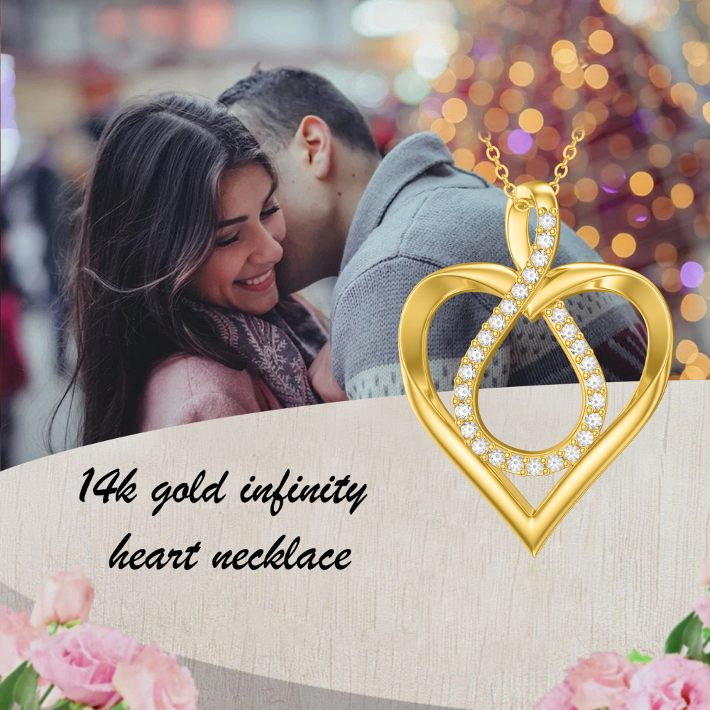 Collar colgante de oro de 14 quilates con circonita cúbica, corazón y símbolo del infinito-3