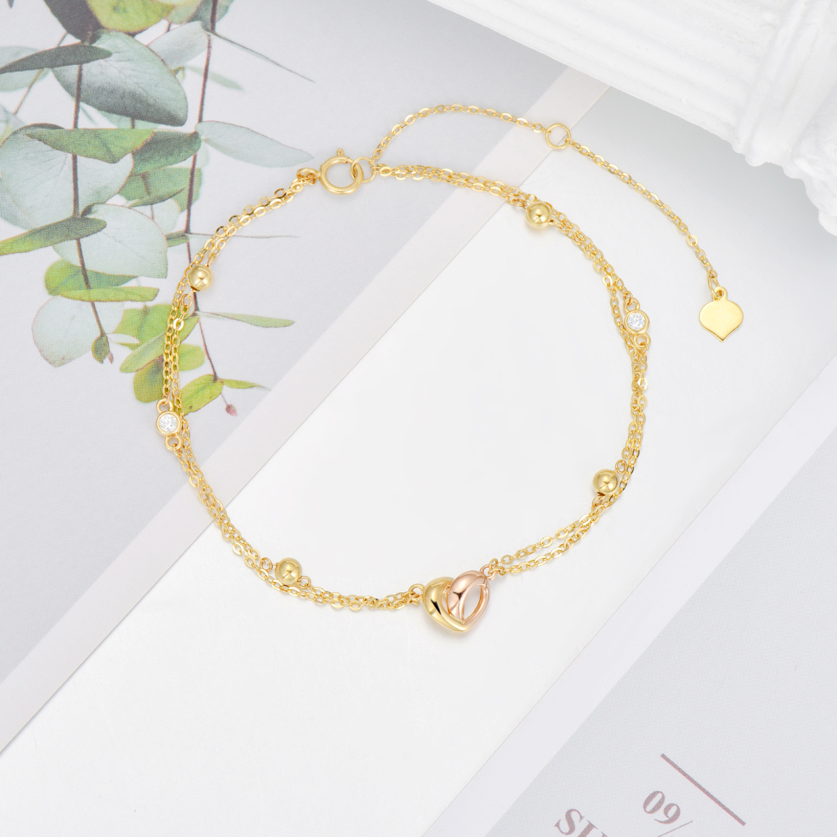 14K Gold Cubic Zirconia Heart Layerered Bracelet-3