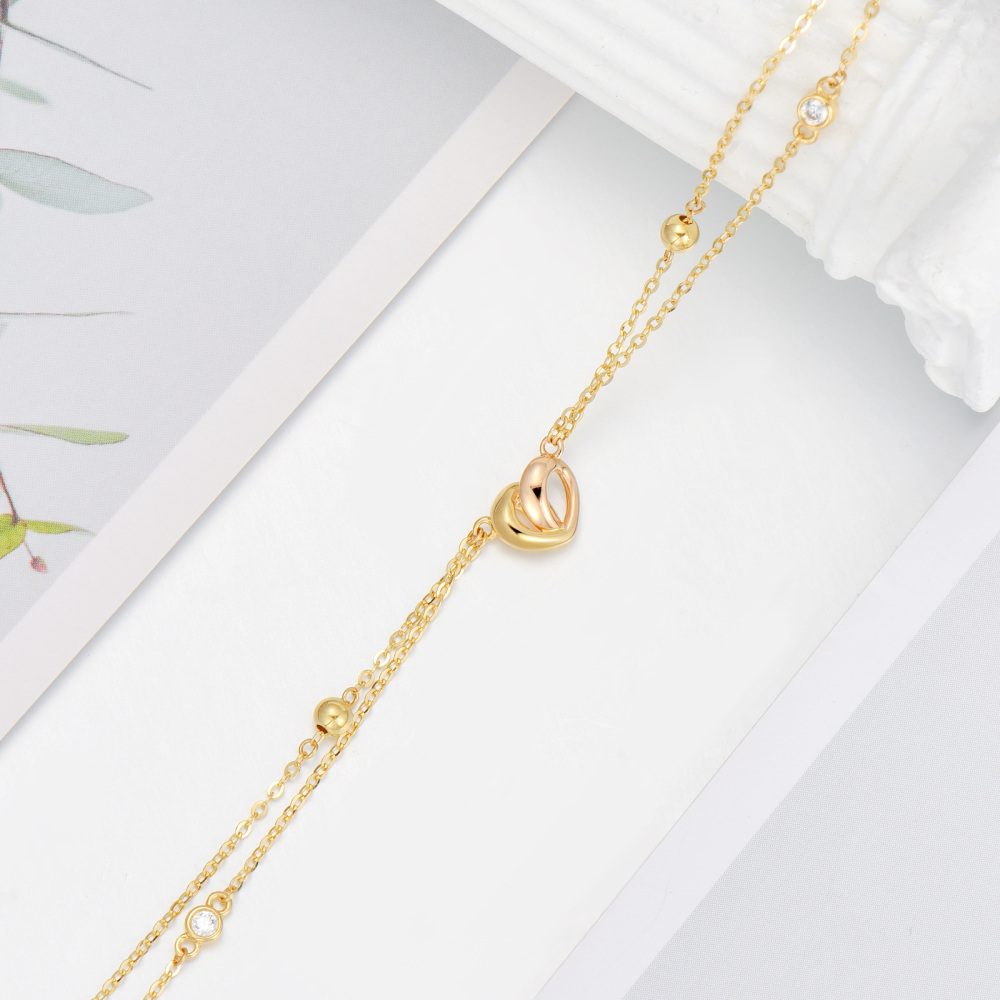10K Gold Cubic Zirconia Heart Layerered Bracelet-4