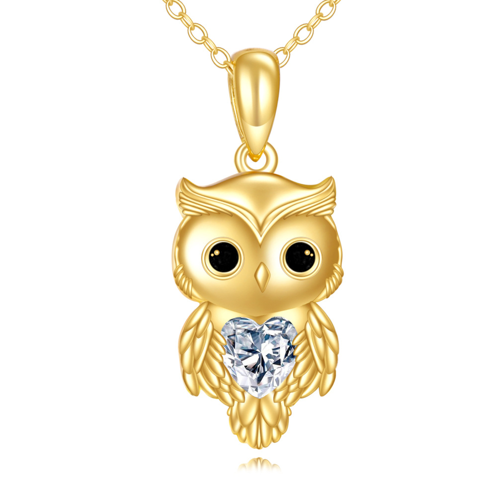 Collier avec pendentif hibou en or 14 carats et moissanite en forme de cœur-1