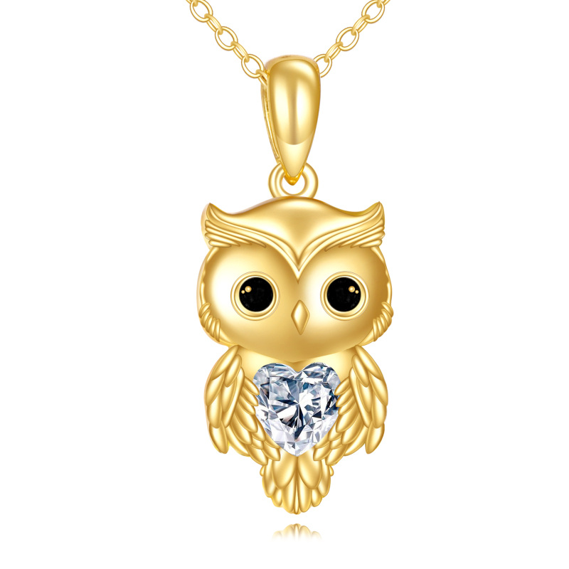 10K Gold Heart Moissanite Owl Pendant Necklace-1
