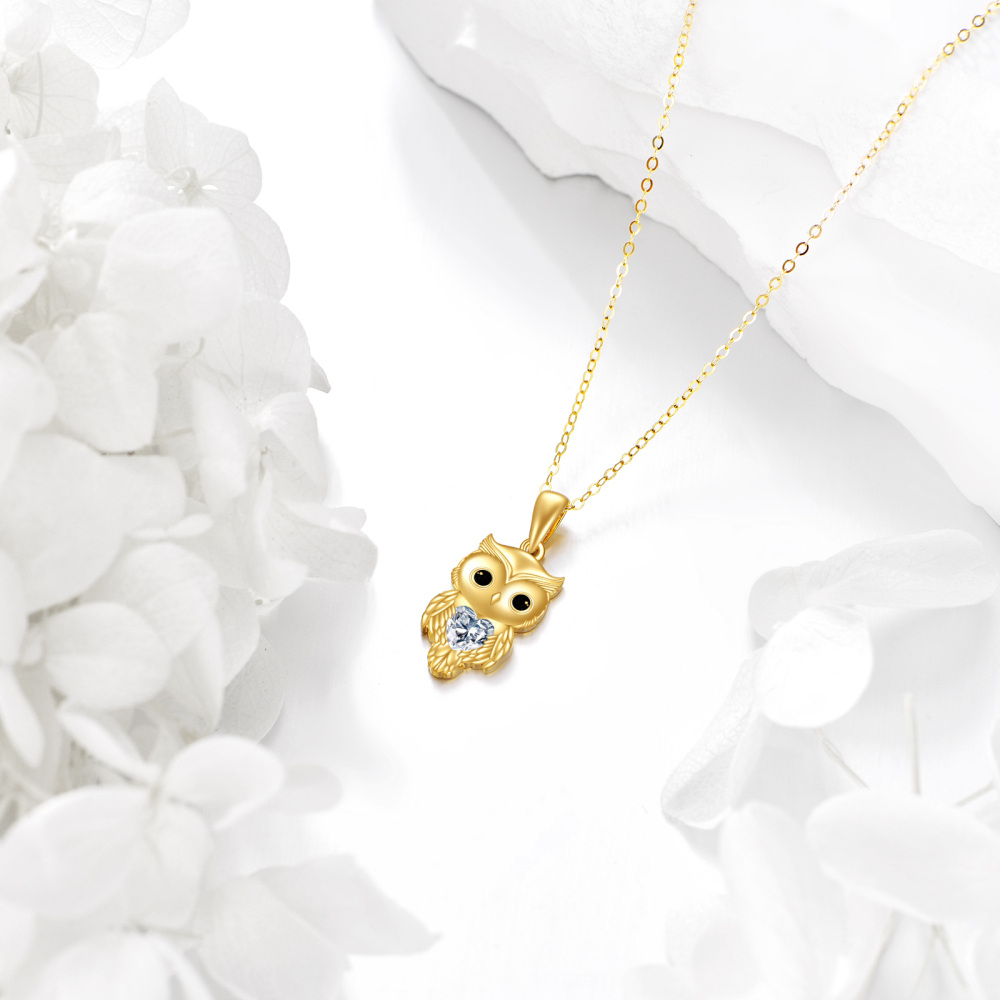 Collier avec pendentif hibou en or 14 carats et moissanite en forme de cœur-4