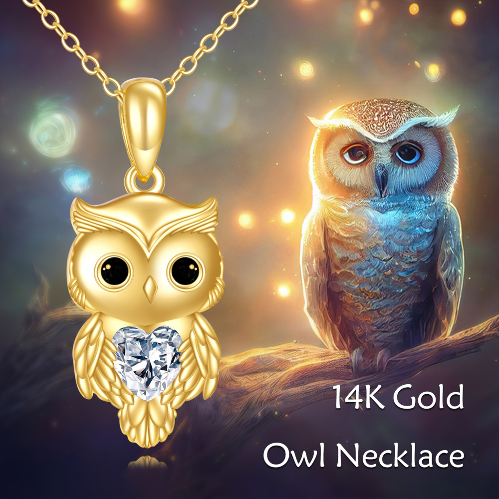 Collier avec pendentif hibou en or 14 carats et moissanite en forme de cœur-5