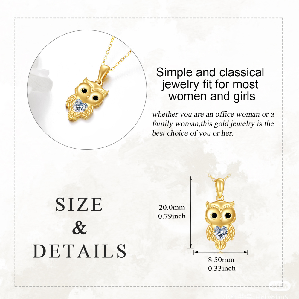 Collier avec pendentif hibou en or 14 carats et moissanite en forme de cœur-6
