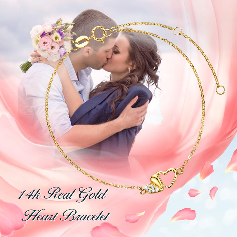 10K Gold Moissanite Heart With Heart Charm Bracelet For Women-3
