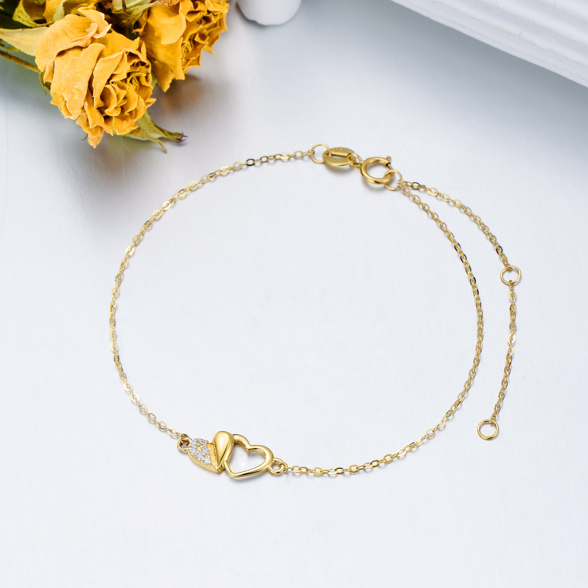 Pulsera con colgante de corazón y corazón de moissanita de oro de 14 quilates para mujer-4