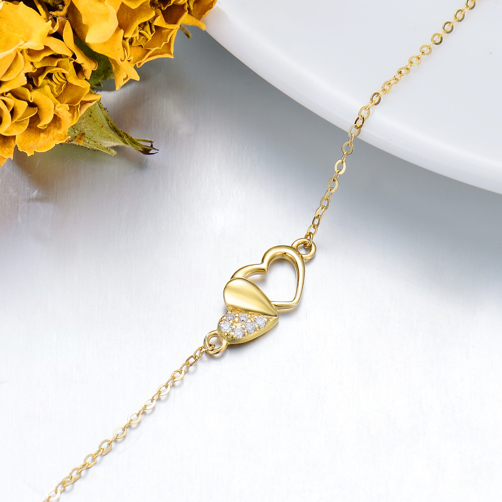 10K Gold Moissanite Heart With Heart Charm Bracelet For Women-5