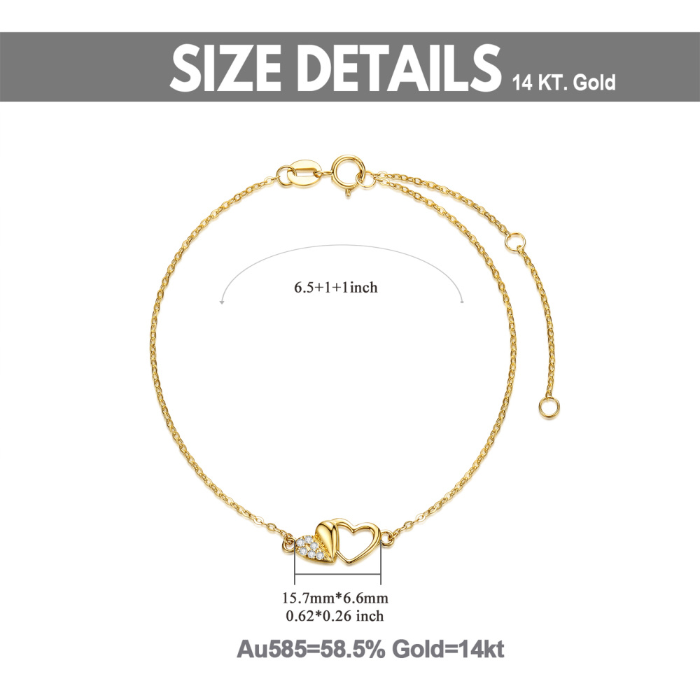 10K Gold Moissanite Heart With Heart Charm Bracelet For Women-6