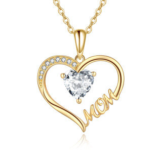 10K Gold Cubic Zirconia Heart Mom Pendant Necklace-49