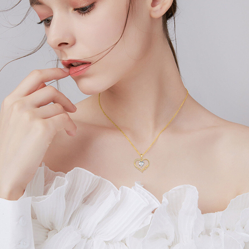 10K Gold Cubic Zirconia Heart Mom Pendant Necklace-2