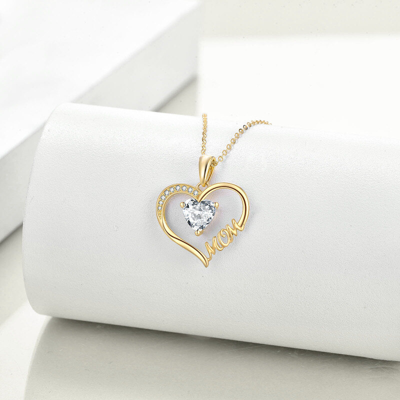 10K Gold Cubic Zirconia Heart Mom Pendant Necklace-3