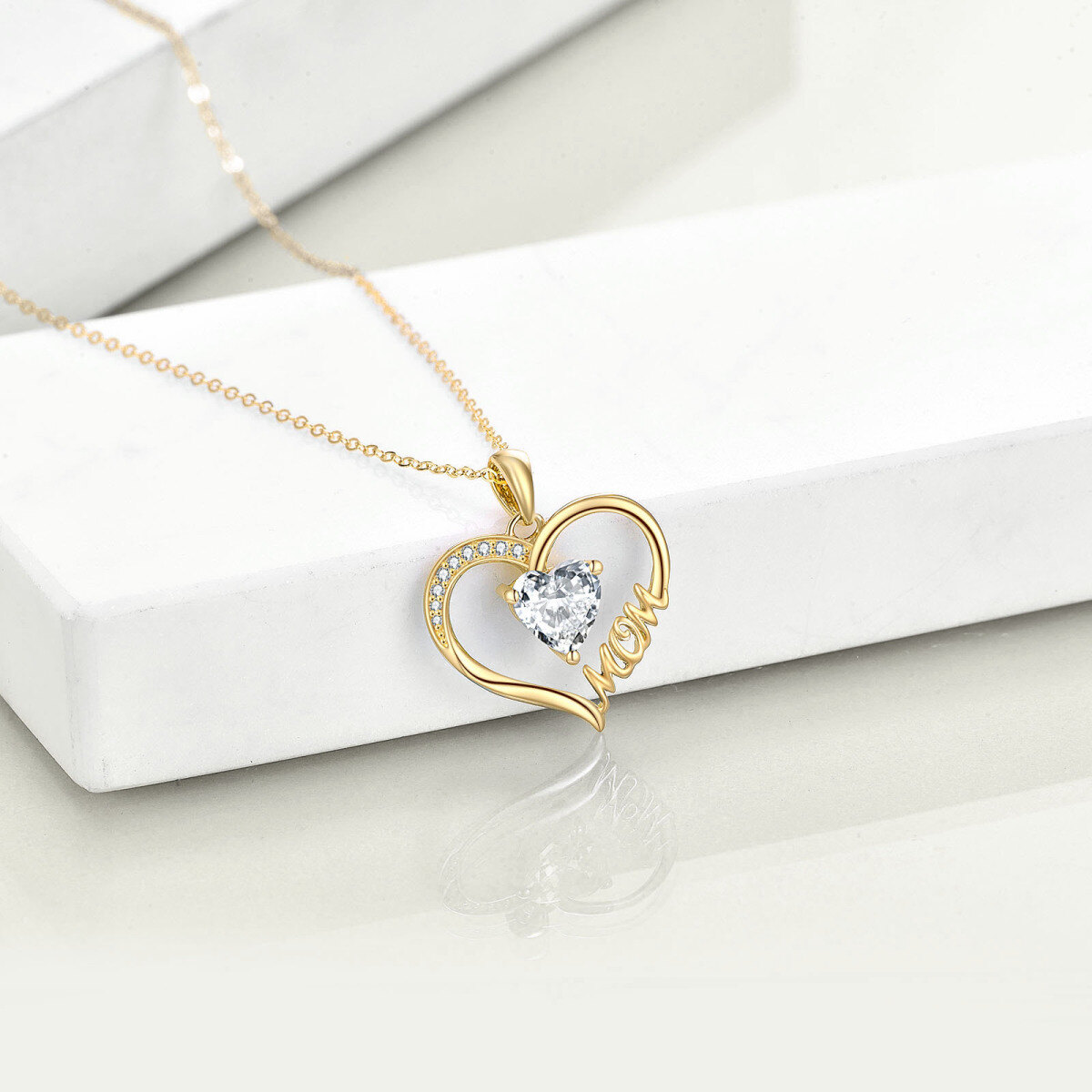 Colar com pingente de coração de mãe em zircônia cúbica em ouro 14K-4