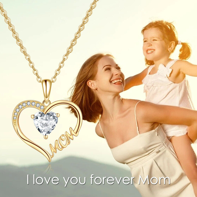 10K Gold Cubic Zirconia Heart Mom Pendant Necklace-5
