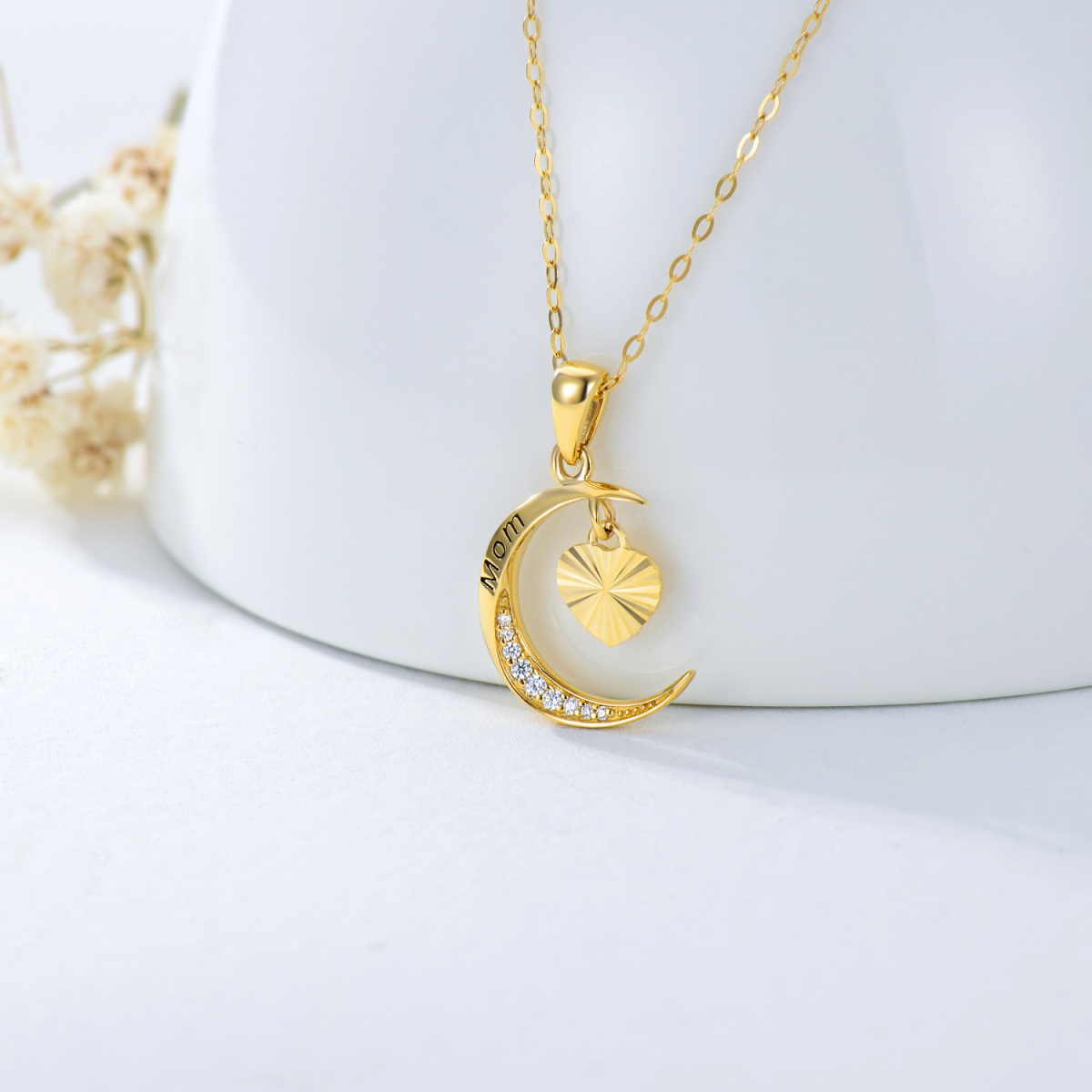 Collana con ciondolo cuore e luna in oro 14K-3