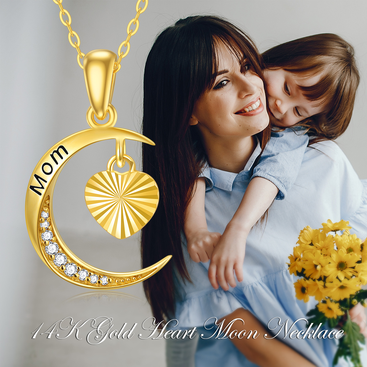 Collana con ciondolo cuore e luna in oro 14K-5