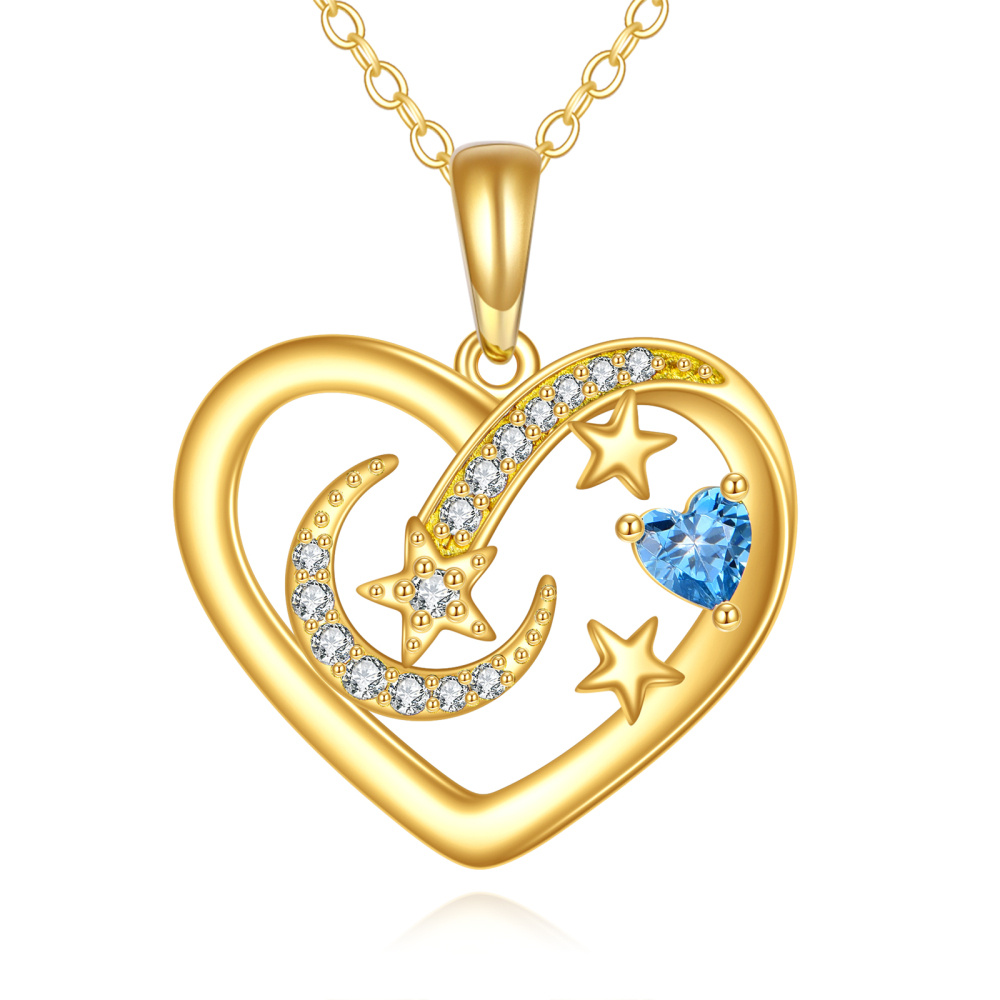 10K Gold Cubic Zirconia Heart & Moon & Star Pendant Necklace-1