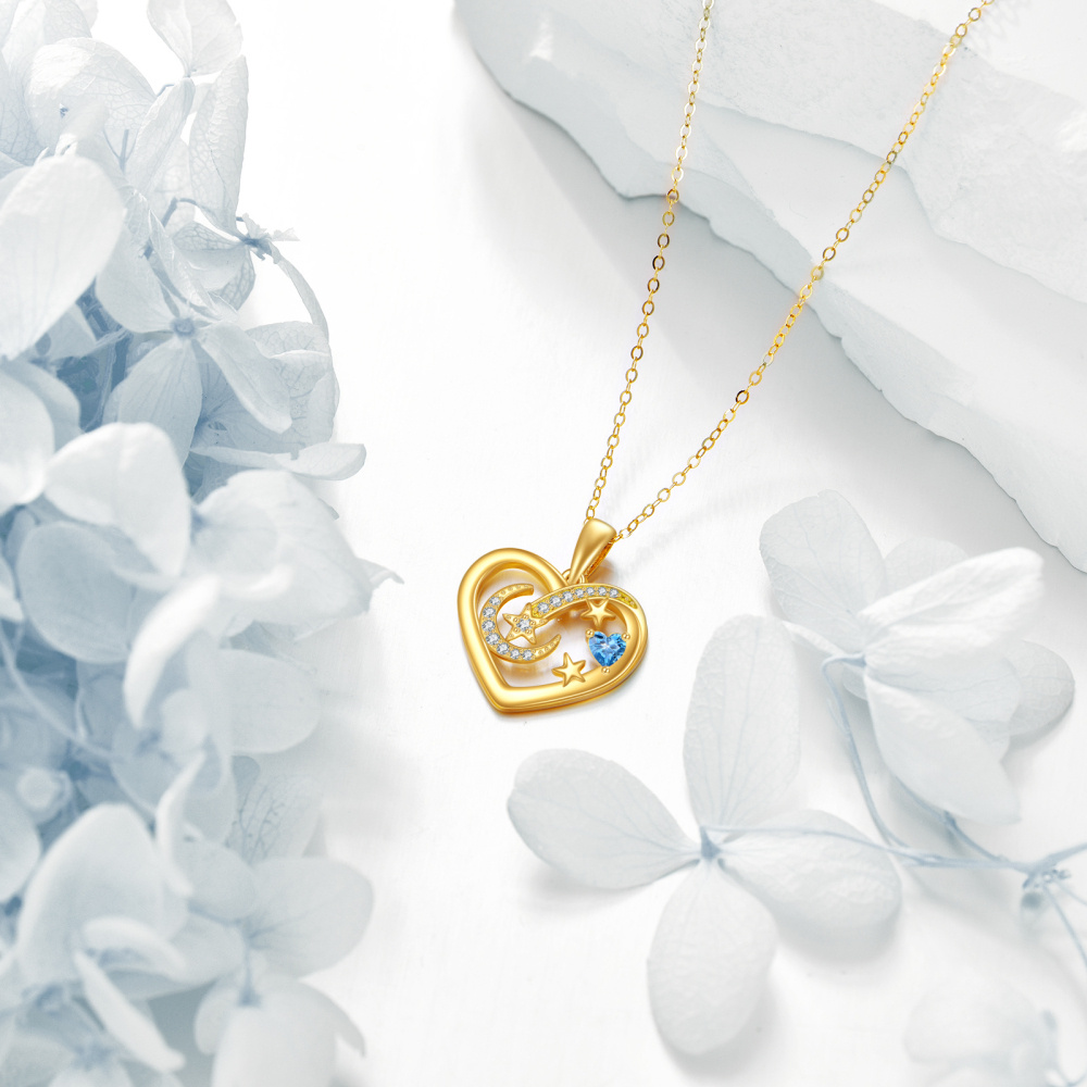 10K Gold Cubic Zirconia Heart & Moon & Star Pendant Necklace-3