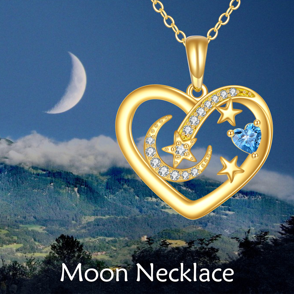 10K Gold Cubic Zirconia Heart & Moon & Star Pendant Necklace-5