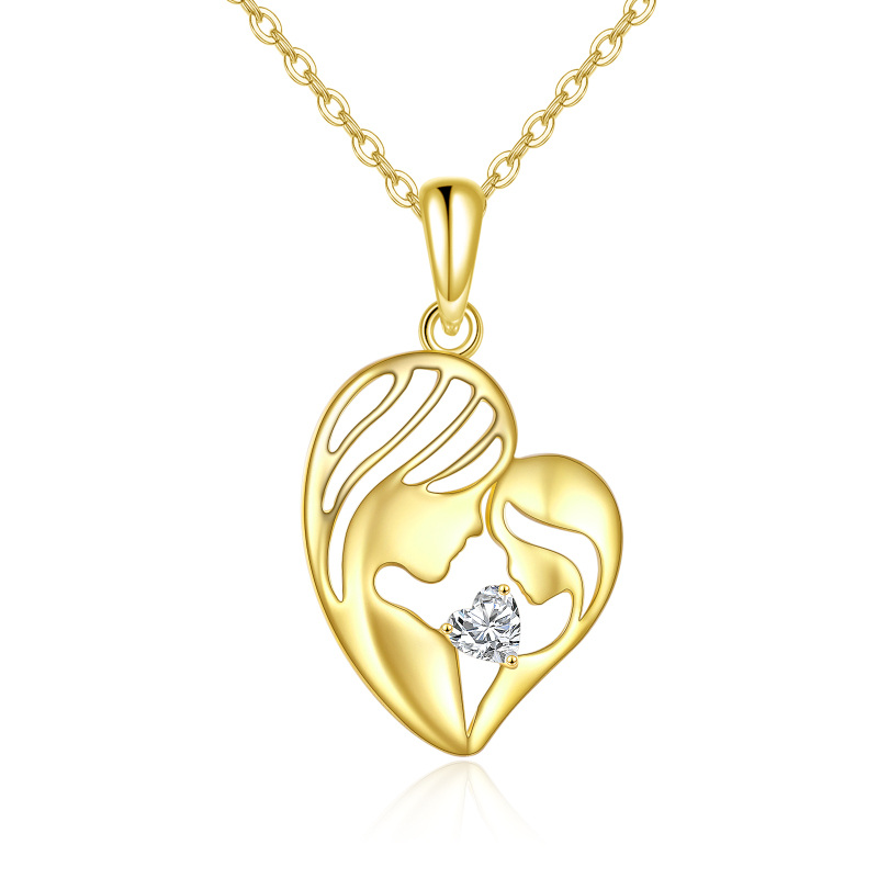 10K Gold Heart Cubic Zirconia Mother & Daughter Pendant Necklace-18
