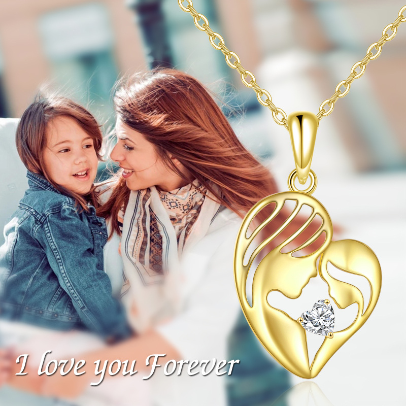 10K Gold Heart Cubic Zirconia Mother & Daughter Pendant Necklace-6