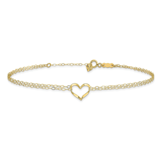 Bracelet de cheville à breloques multicouches en or 14 carats avec cœur