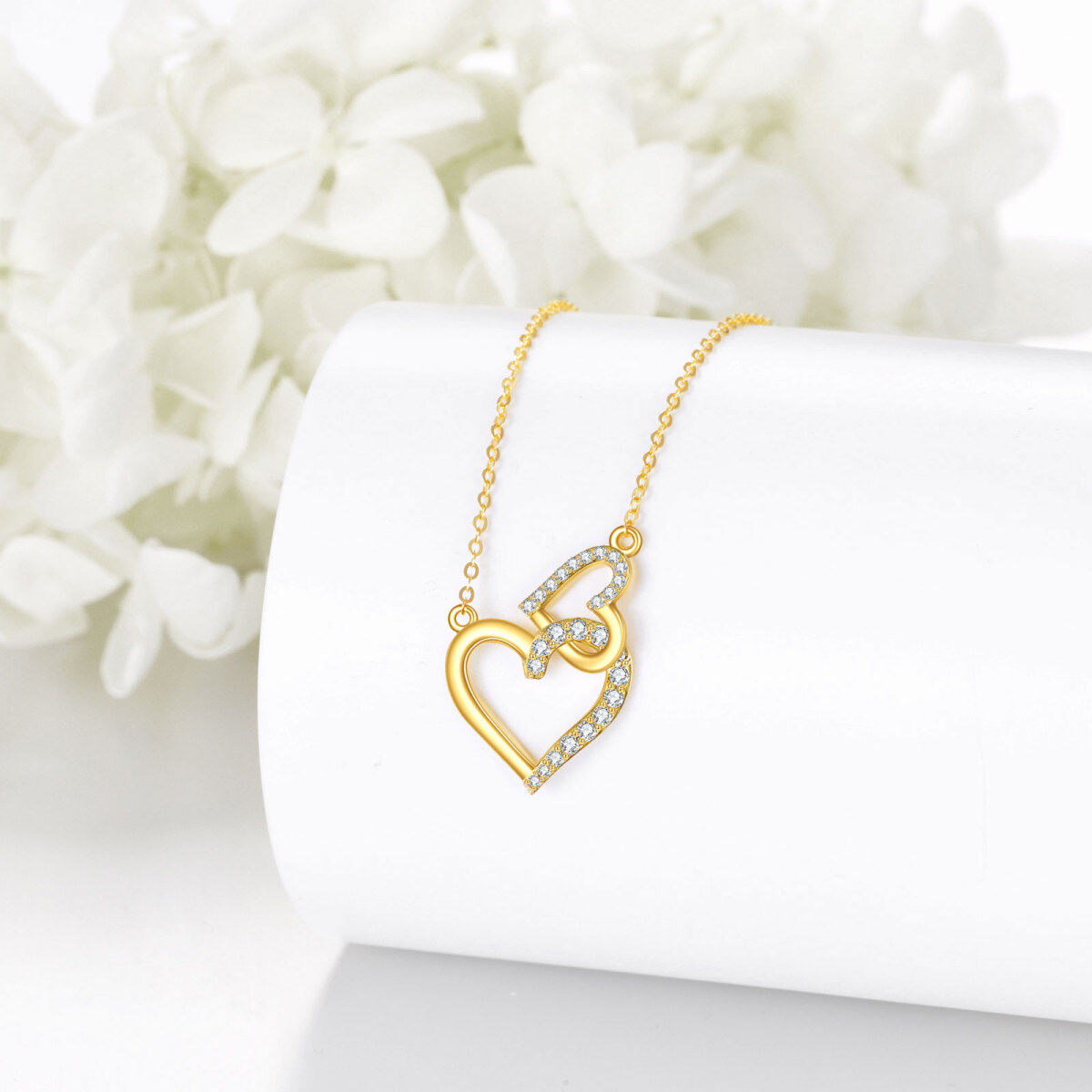 10K Gold Cubic Zirconia Heart With Heart Necklace for Women-5