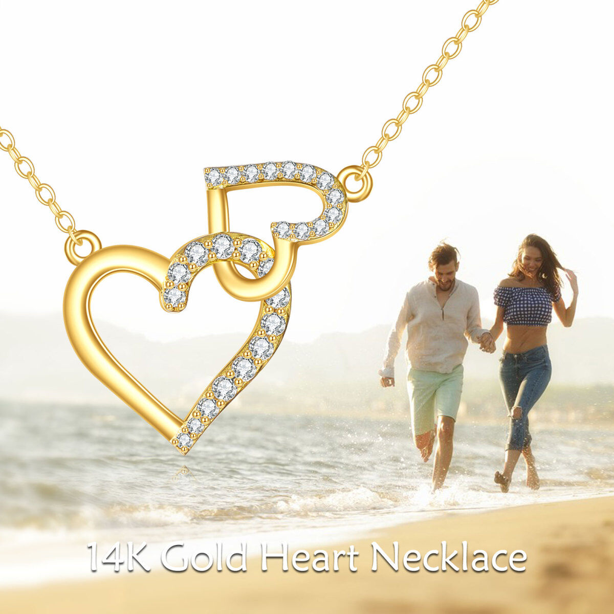 10K Gold Cubic Zirconia Heart With Heart Necklace for Women-6