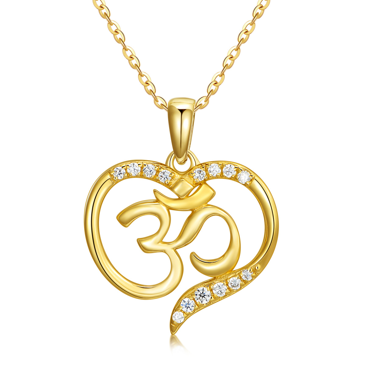 Collana con ciondolo Ohm e cuore con zirconia cubica in oro 14K-1