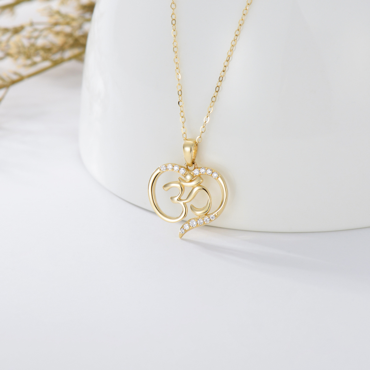 Collana con ciondolo Ohm e cuore con zirconia cubica in oro 14K-4