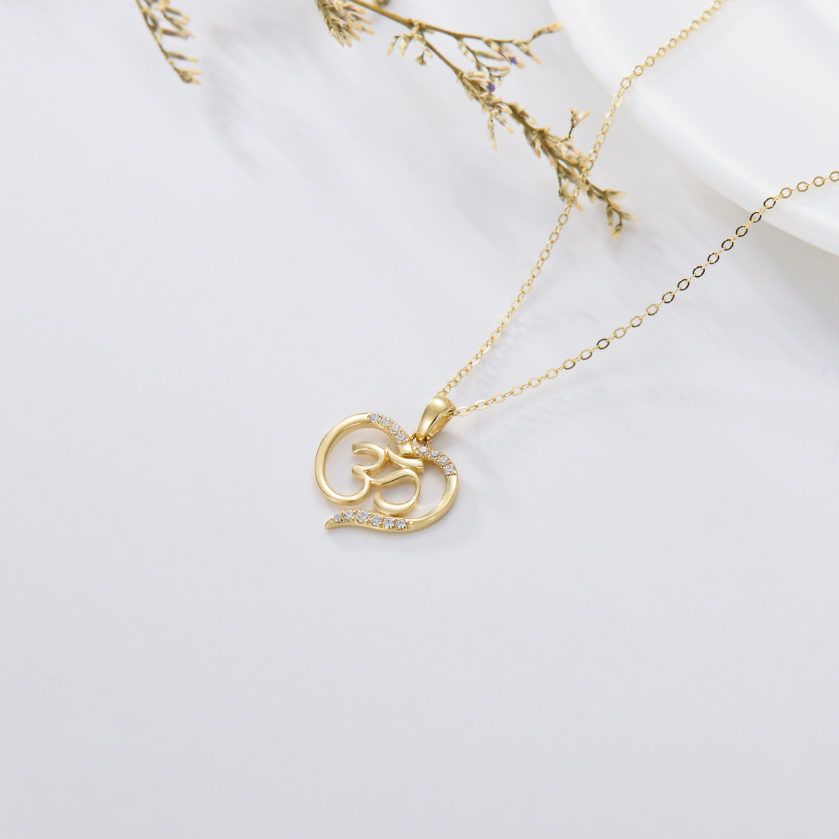 Collana con ciondolo Ohm e cuore con zirconia cubica in oro 14K-5