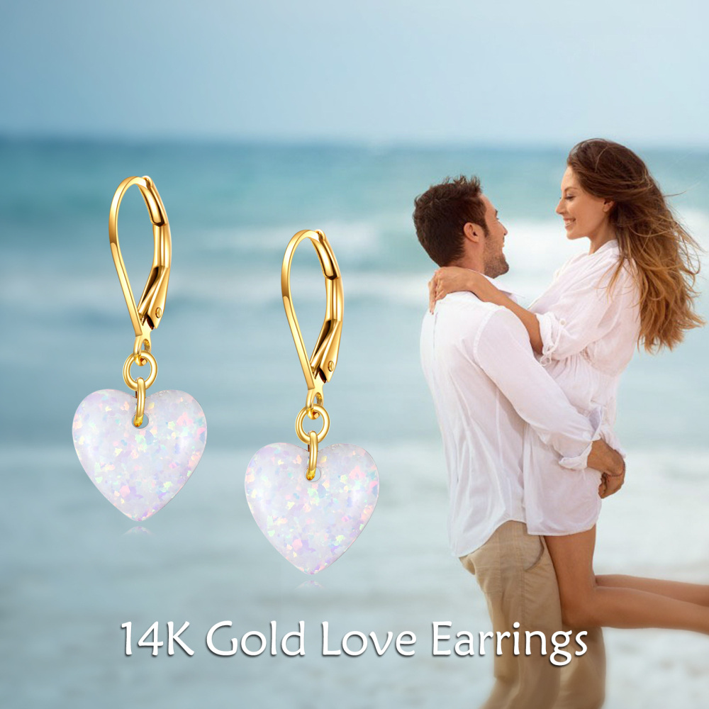 10K Gold Heart Opal Lever-back Earrings-4
