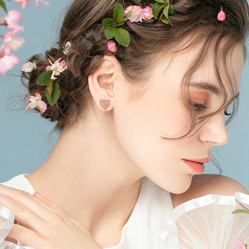 10K White Gold Heart Cut Opal Heart Stud Earrings-2