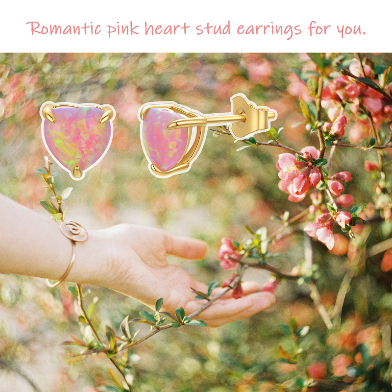 10K White Gold Heart Cut Opal Heart Stud Earrings-5