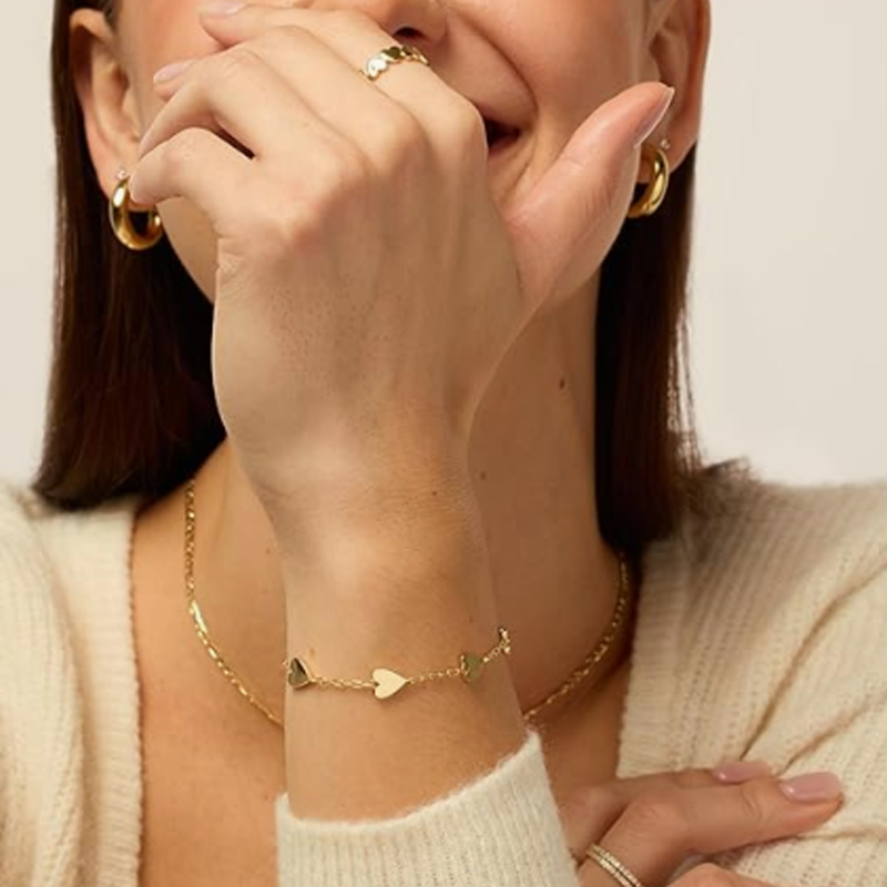 سوار سلسلة مشبك ورق على شكل قلب من الذهب عيار 10 قيراط للنساء-3