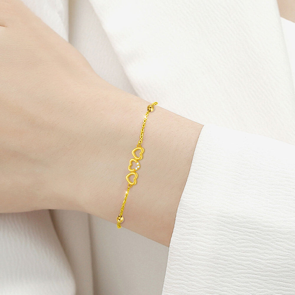 10K Gold Cubic Zirconia Heart With Heart Charm Bracelet For Women-2