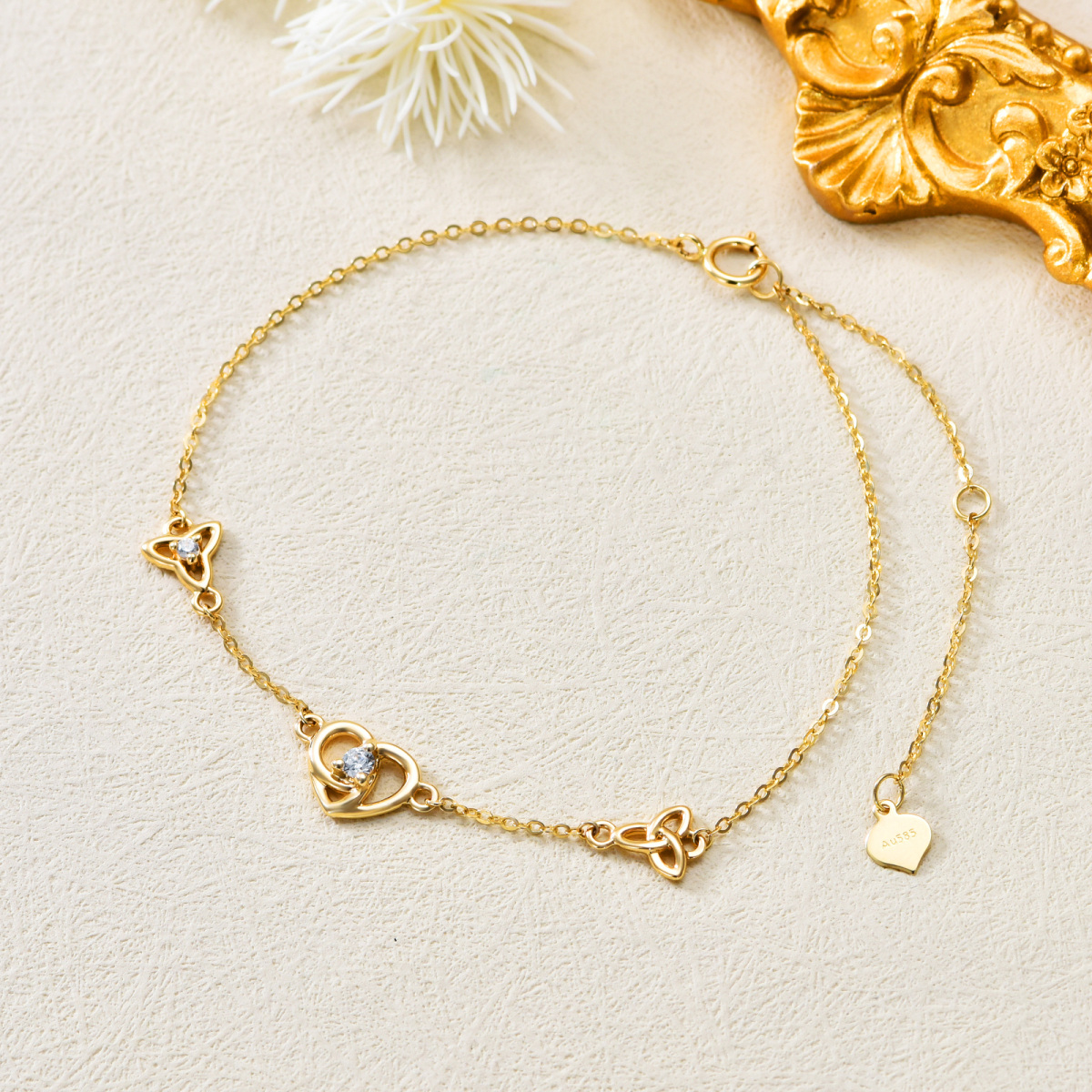 Pulsera Colgante Corazón Zirconia Cúbica Oro 14K-3