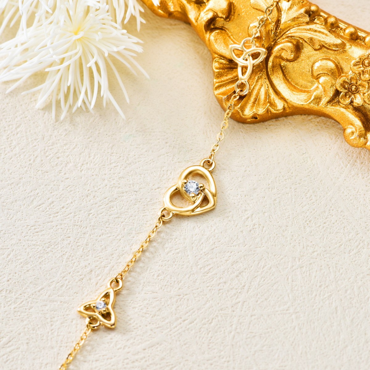 14K Gold Cubic Zirconia Heart Pendant Bracelet-4