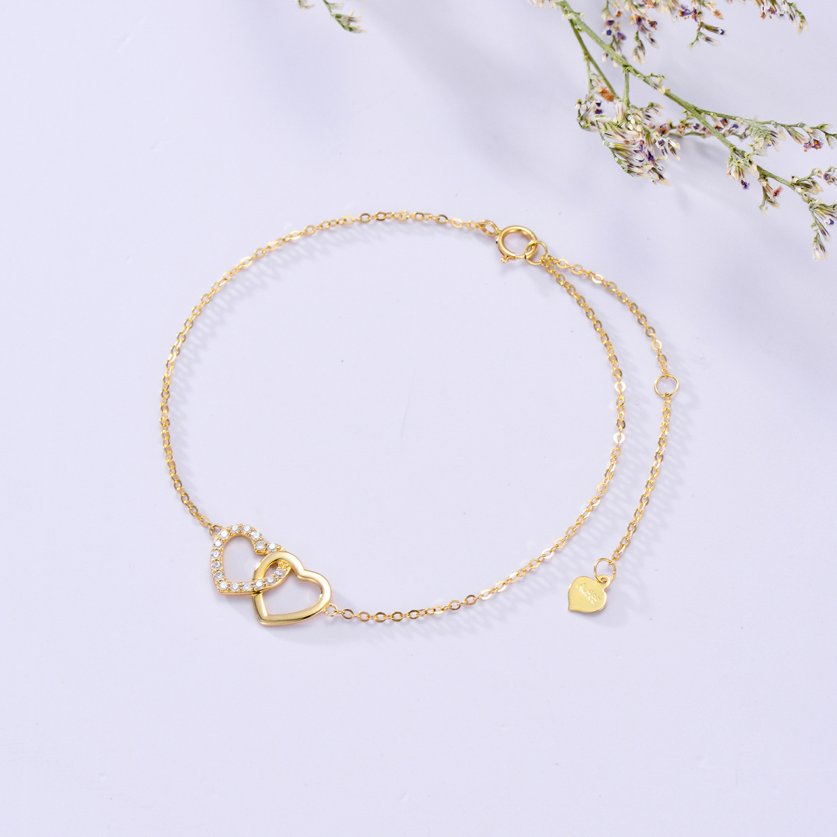 14K Gold Cubic Zirconia Heart Pendant Bracelet-3